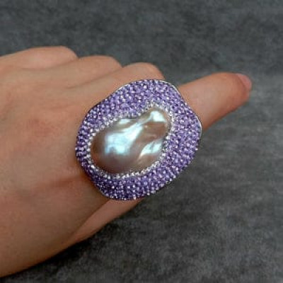 Silver Freshwater Cultured Purple Keshi Pearl and Purple Crystal Ring For Women